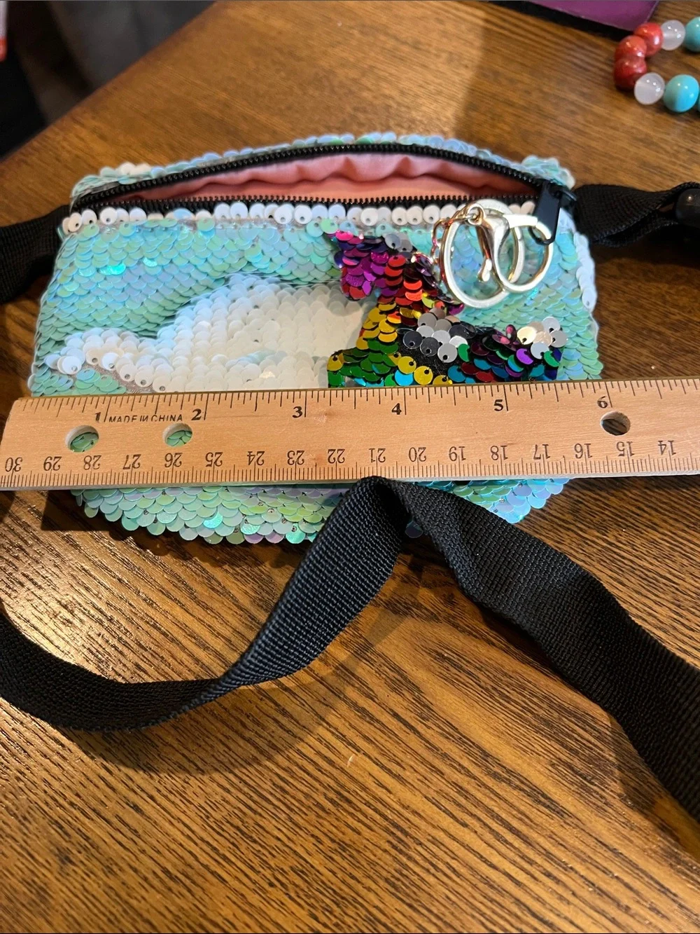 Sequin Mermaid Mini Fanny Pack Bag - Iridescent Aqua with Unicorn Charm